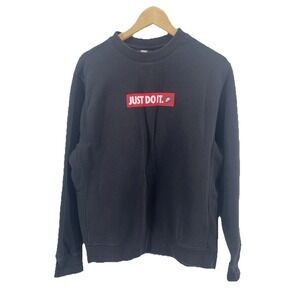 Nike‎ Sweatshirt Mens Medium Black Just Do It Crewneck Swoosh Logo Basic Fleece